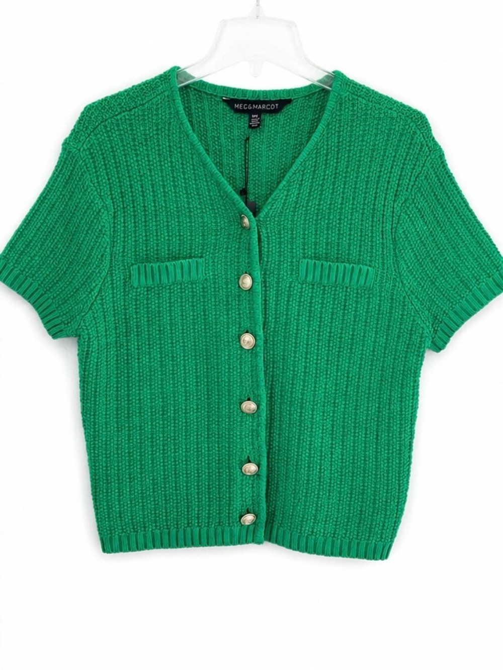 MEG & MARGOT Short-Sleeve Kelly Green Knit Button Cardigan
